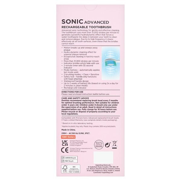 Superdrug ProCare Sonic Rechargeable Electric Toothbrush Pink GOODS Superdrug   