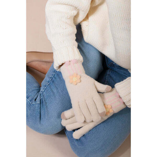 SVNX knitted floral gloves beige one size, imported from the UK