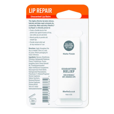 O'Keeffe's Lip Repair Unscented lip balm 4.2g, imported from the UK
