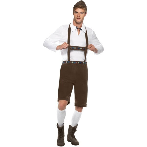 Smiffys Bavarian man costume brown with lederhosen and hat, UK version