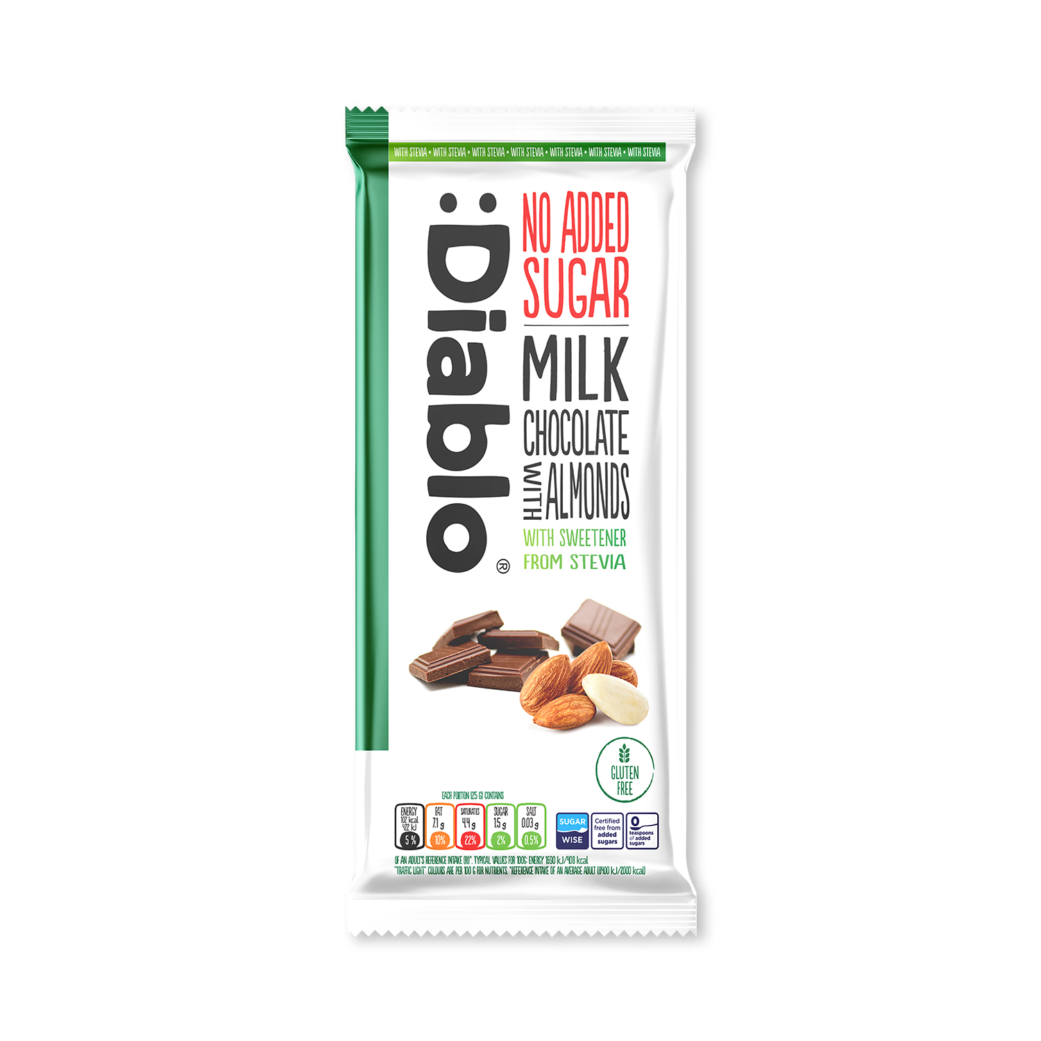 Diablo milk chocolate bar with almonds no added sugar 75g (British brand)