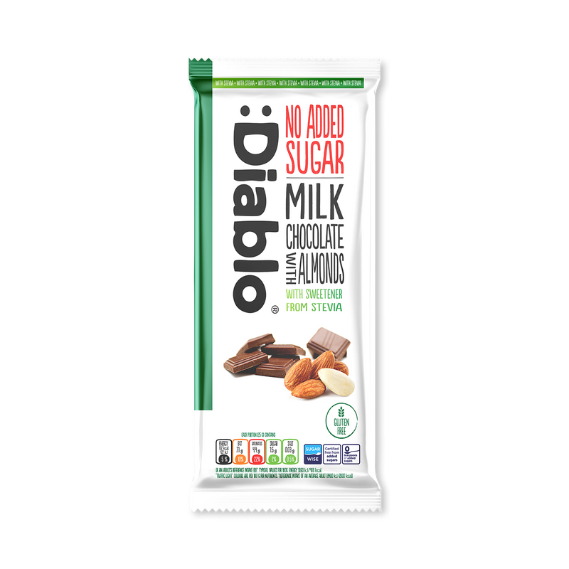Diablo milk chocolate bar with almonds no added sugar 75g (British brand)