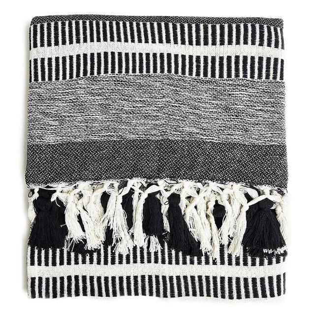 M&S Cotton Rich Woven Monochrome Stripe Throw One Size Cream Mix GOODS M&S   