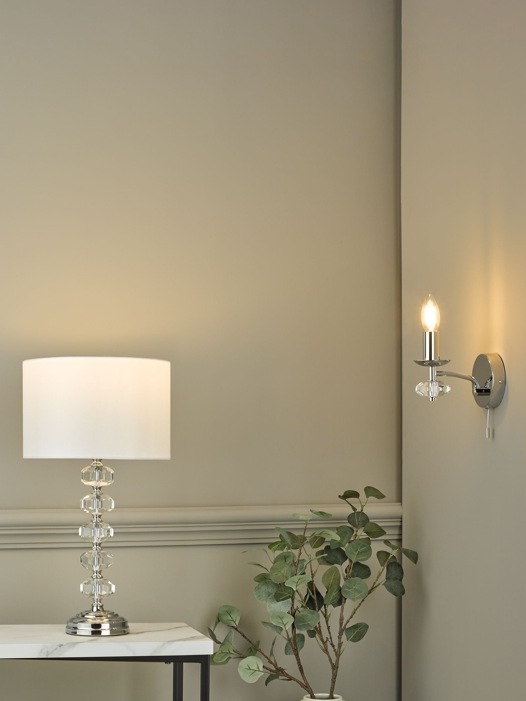 Dar Lighting Silver Oleana table lamp with crystal beads and ivory shade (British brand)