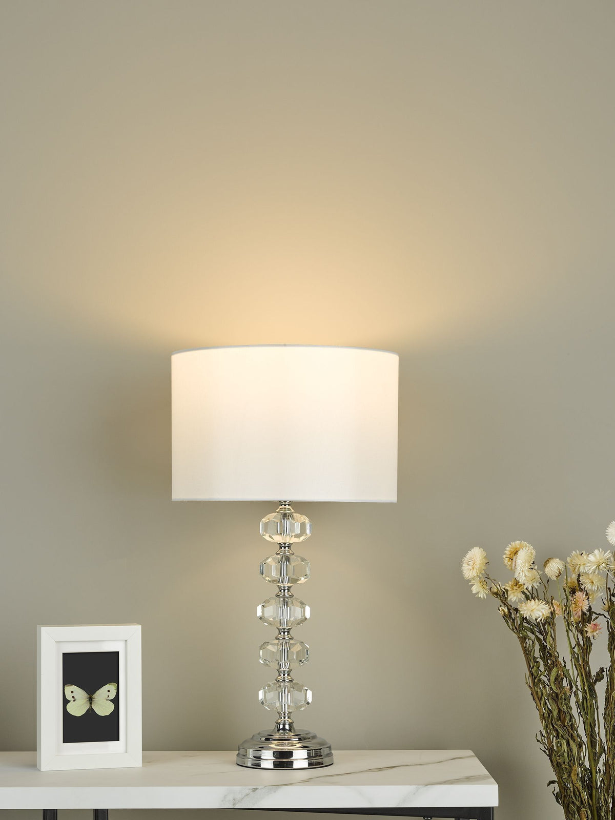 Dar Lighting Silver Oleana table lamp with crystal beads and ivory shade (British brand)