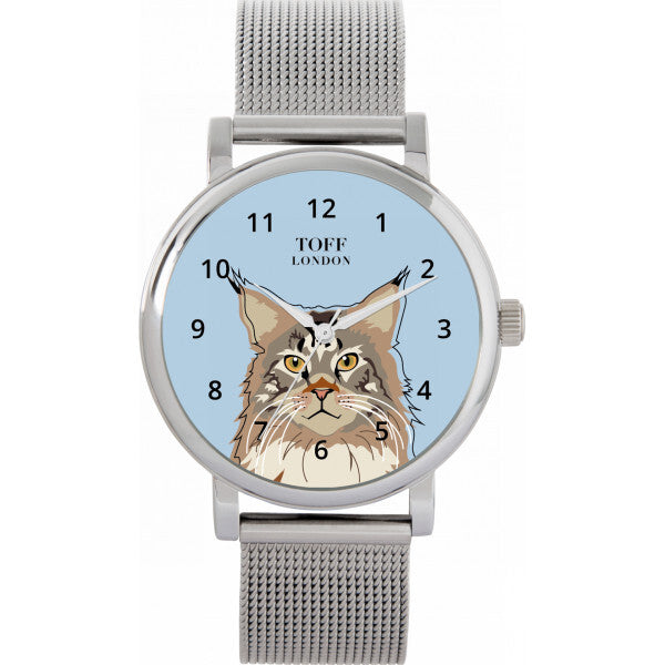 Toff London blue ladies Maine Coon cat head watch 38mm (British brand)