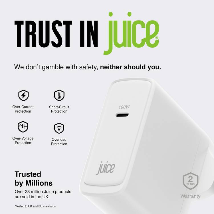 Juice 100W GaN USB-C laptop charger with 2m cable - British product