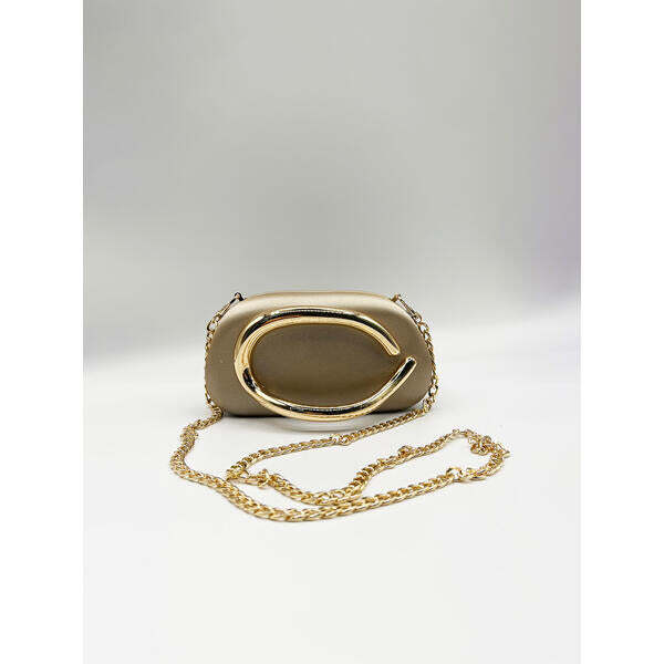 SVNX oval satin clutch bag in muted gold (British brand)