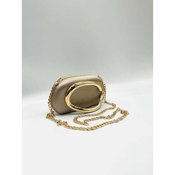 SVNX oval satin clutch bag in muted gold (British brand)