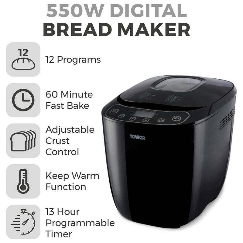 Tower digital breadmaker 1kg black, imported from the UK