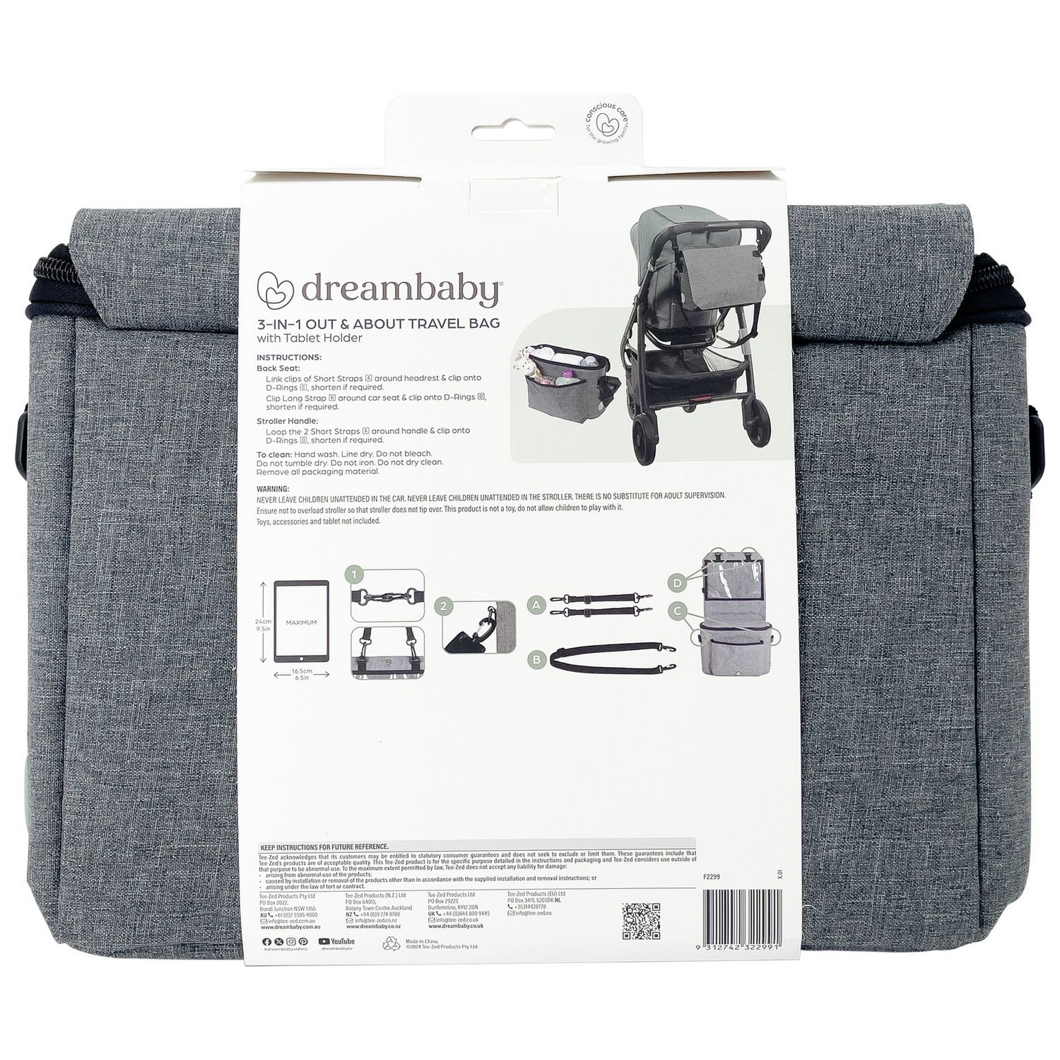 Dreambaby 3in1 stroller bag with car organiser - British product