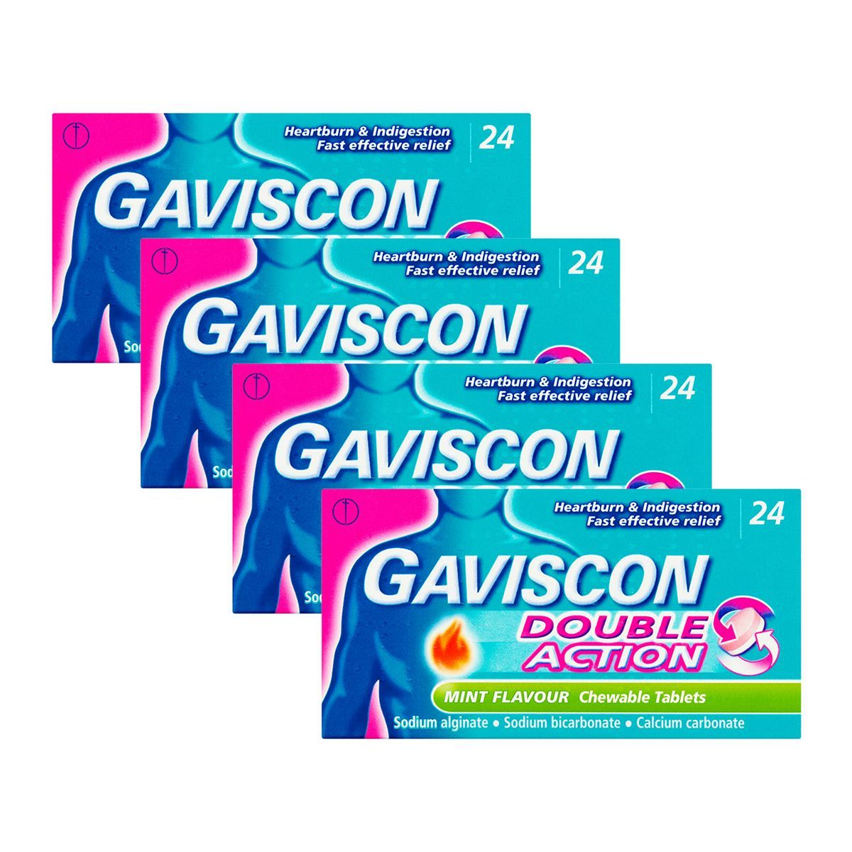 Gaviscon Bundle: 4 x 24 Gaviscon Double Action Mint Flavour Chewable Tablets First Aid Boots   