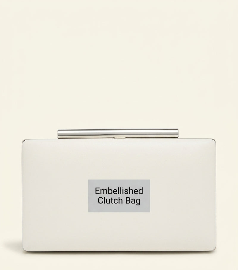 McQueen leather T-Bar box clutch with hand-applied gemstones, imported from the UK