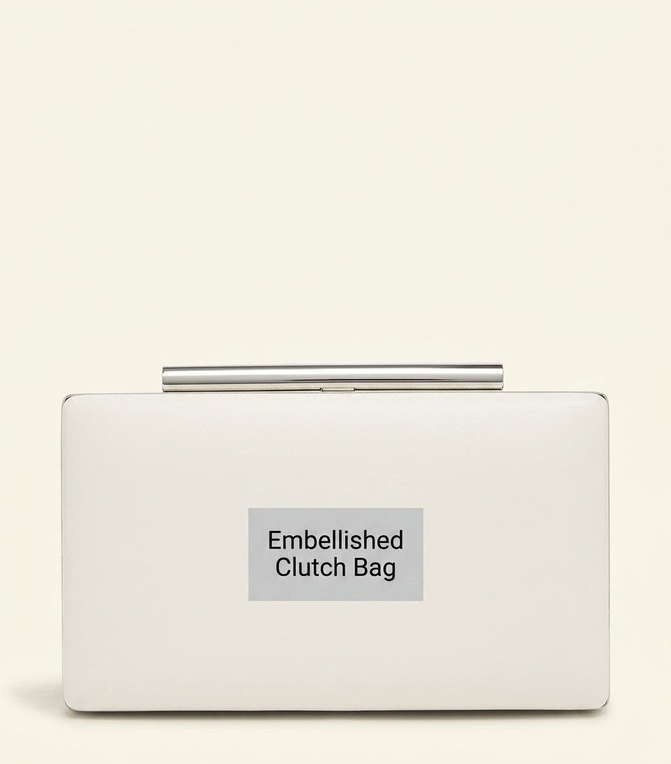 McQueen leather T-Bar box clutch with hand-applied gemstones, imported from the UK