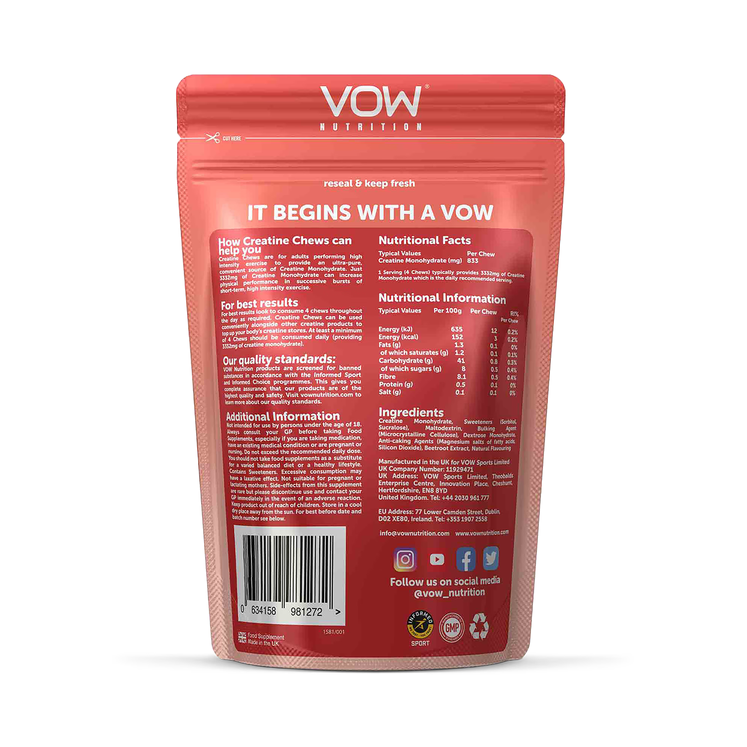 Vow Nutrition Creatine Chews Strawberry 100 Chews (British brand)