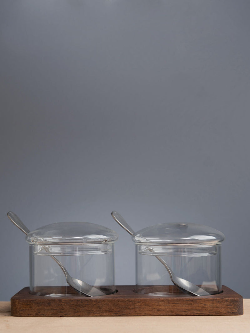 Artisan Street clear condiment pots with glass and acacia wood - British product