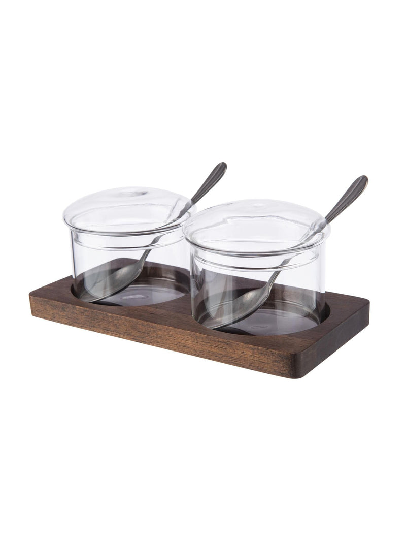 Artisan Street clear condiment pots with glass and acacia wood - British product