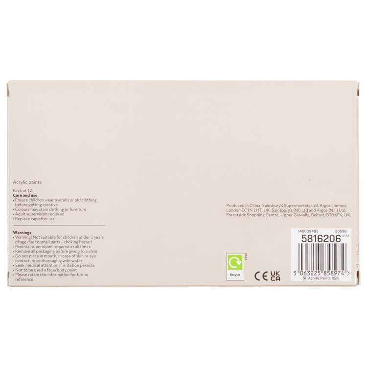 Argos acrylic paints pack of 12 multicoloured, imported from the UK