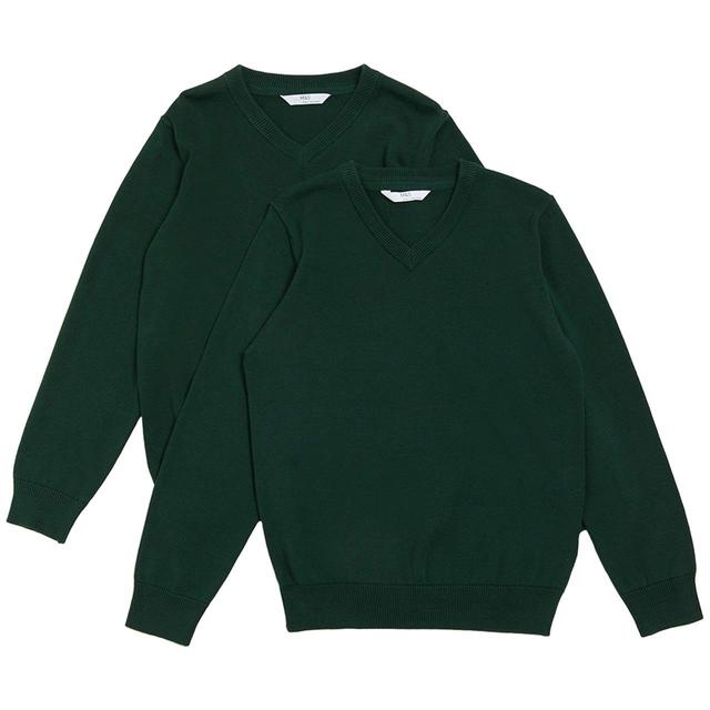 M&S Unisex 2Pk Green Cotton Jumper with Staynew 3-14 Y