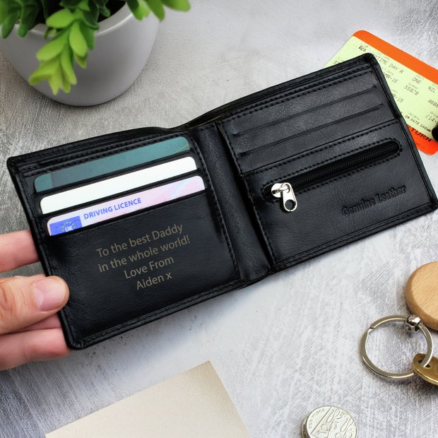 Personalised black leather wallet with custom message, imported from the UK