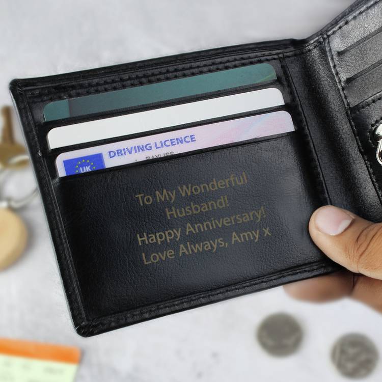 Personalised black leather wallet with custom message, imported from the UK