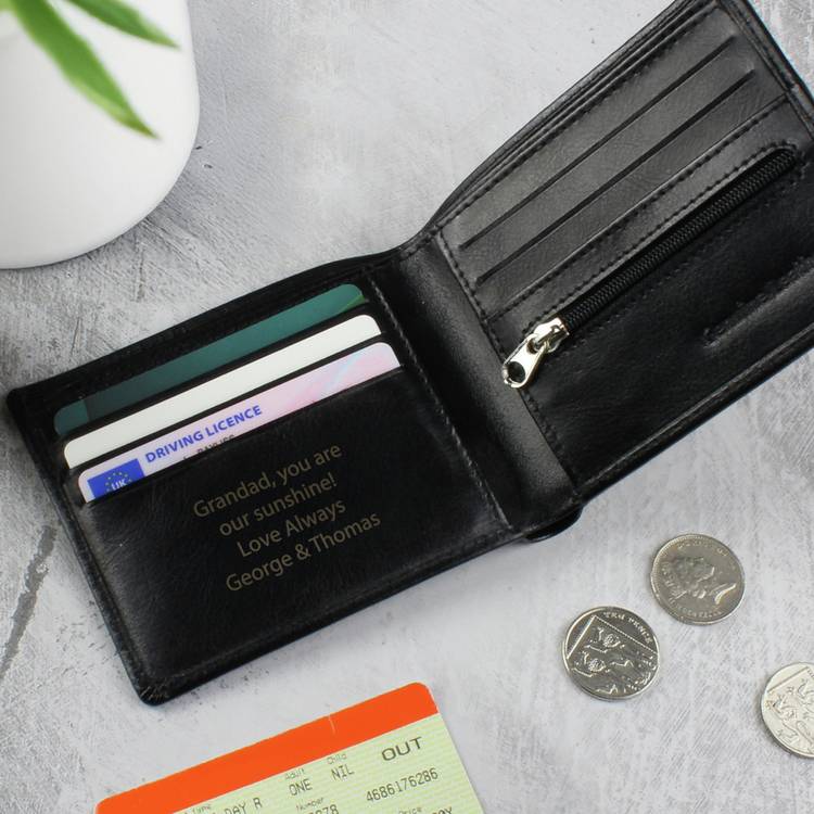 Personalised black leather wallet with custom message, imported from the UK