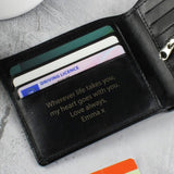 Personalised black leather wallet with custom message, imported from the UK