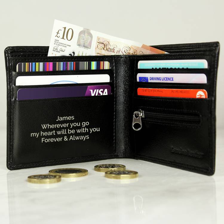 Personalised black leather wallet with custom message, imported from the UK
