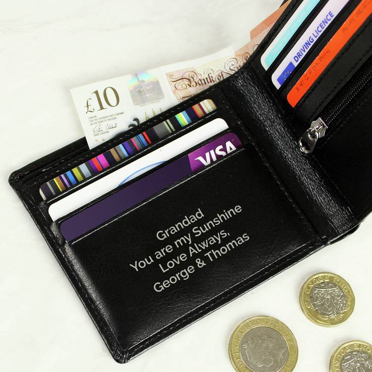 Personalised black leather wallet with custom message, imported from the UK