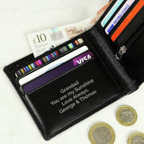 Personalised black leather wallet with custom message, imported from the UK
