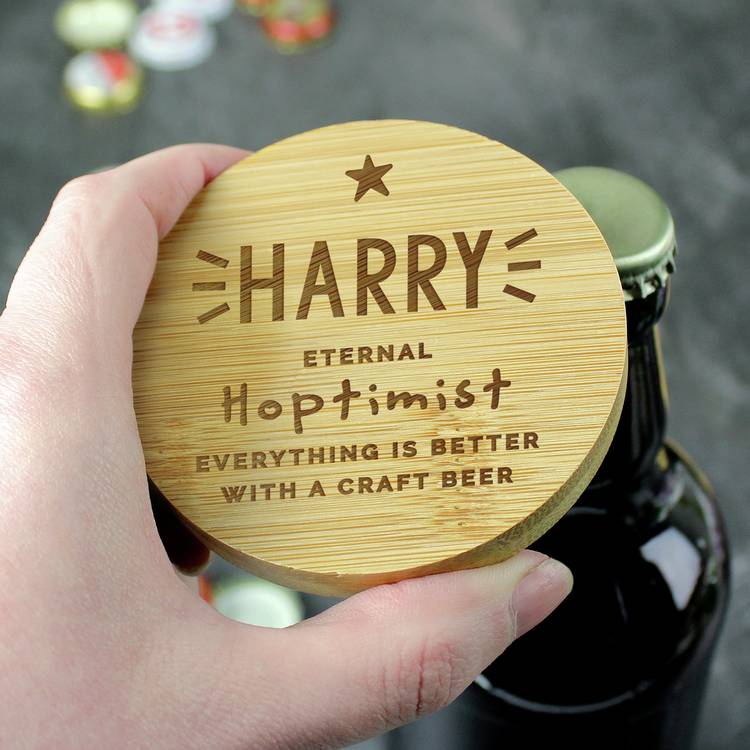 Personalised message star bamboo bottle opener coaster - British product