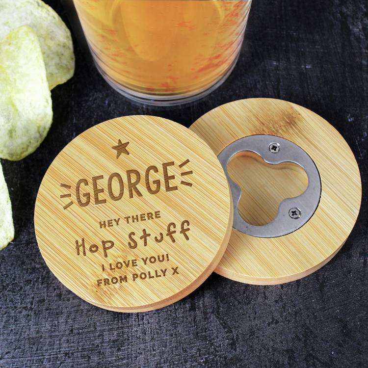 Personalised message star bamboo bottle opener coaster - British product