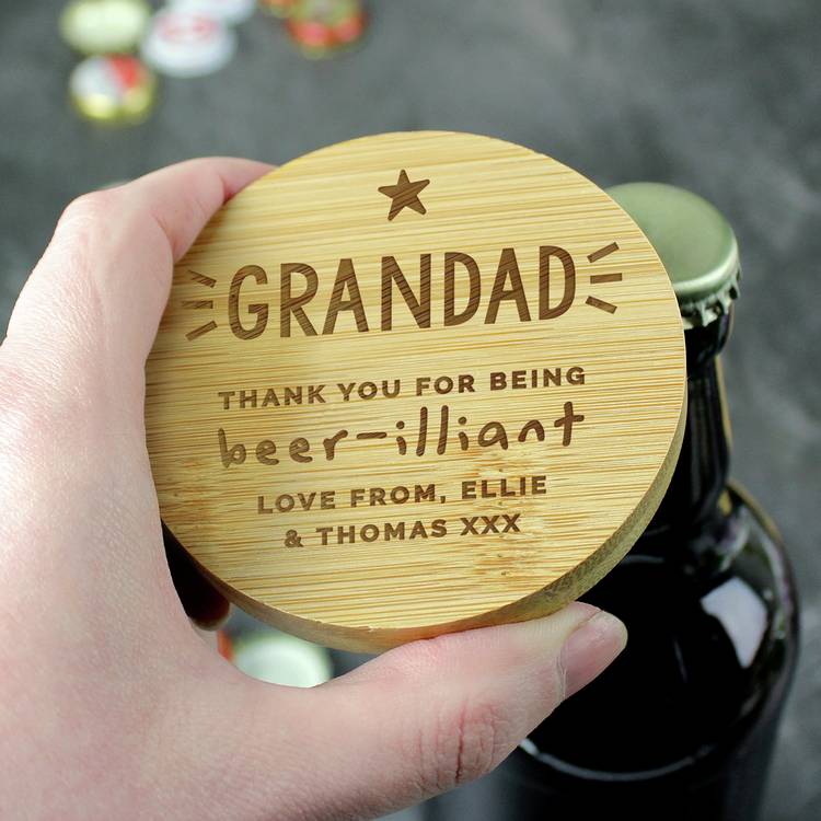Personalised message star bamboo bottle opener coaster - British product