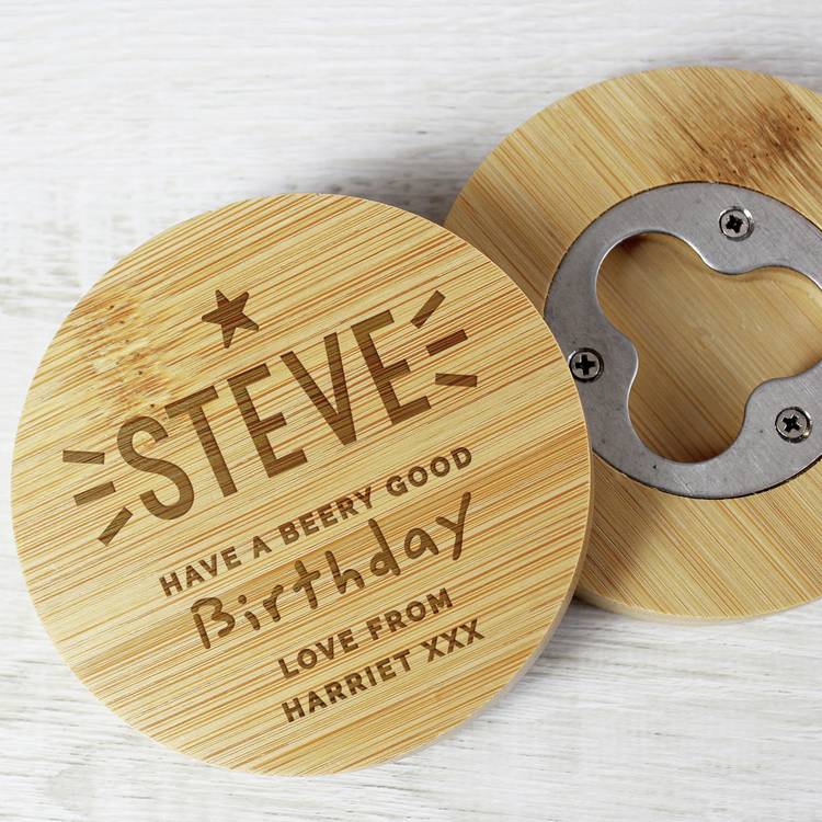 Personalised message star bamboo bottle opener coaster - British product