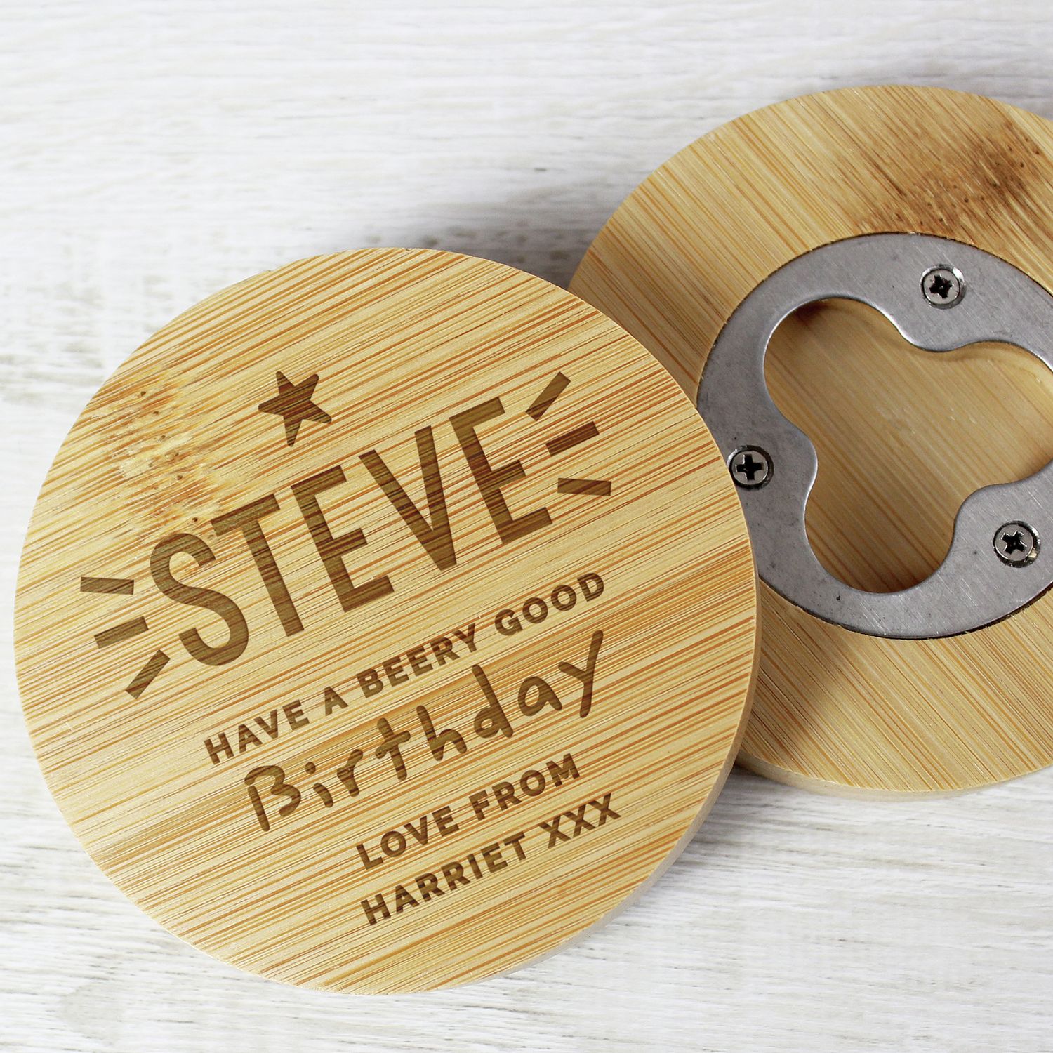 Personalised message star bamboo bottle opener coaster - British product