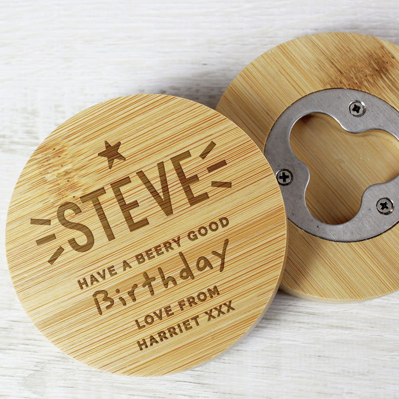 Personalised message star bamboo bottle opener coaster - British product