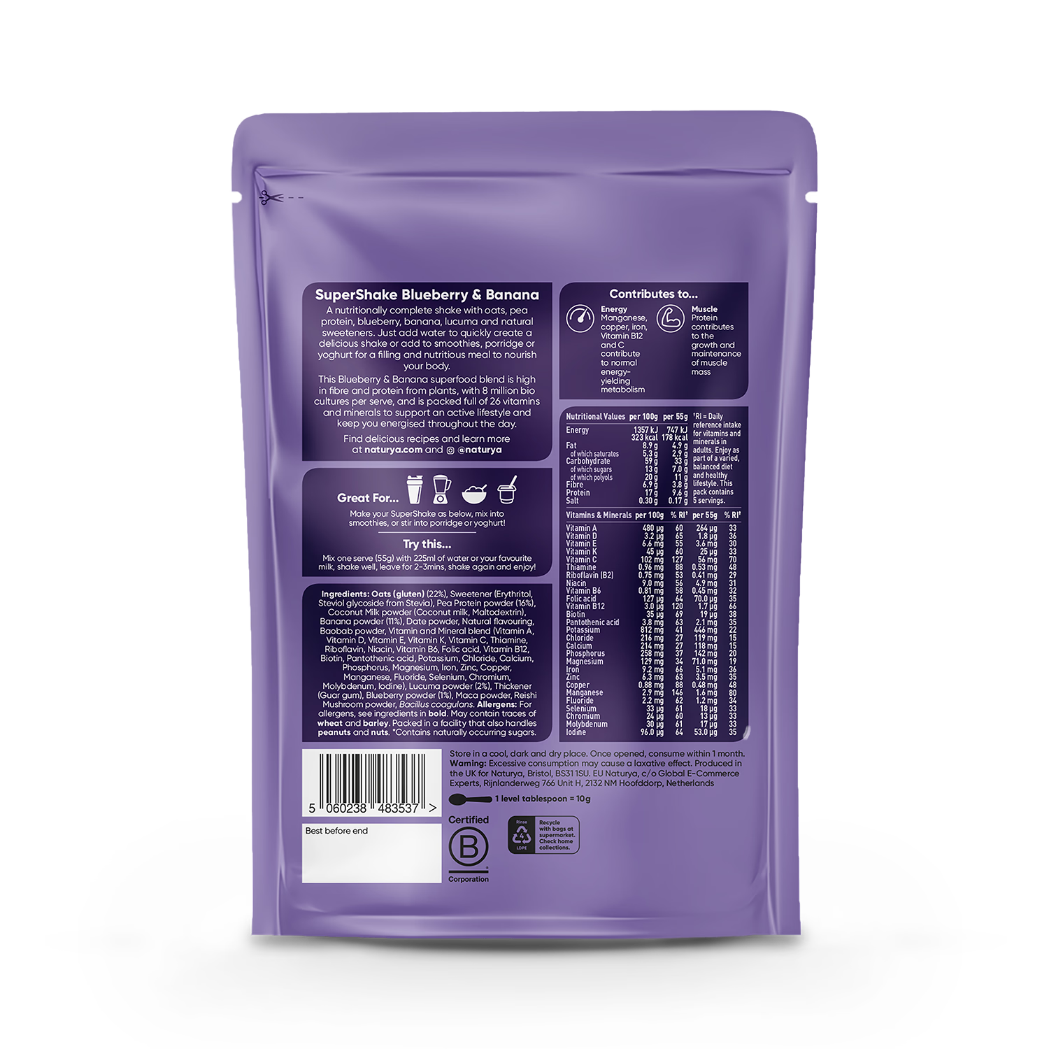Naturya SuperShake Blueberry Banana 275g, imported from the UK