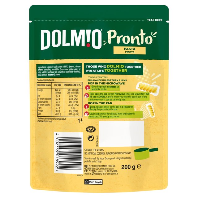 Dolmio Twists Pouch Fusilli Microwave Pasta   200g