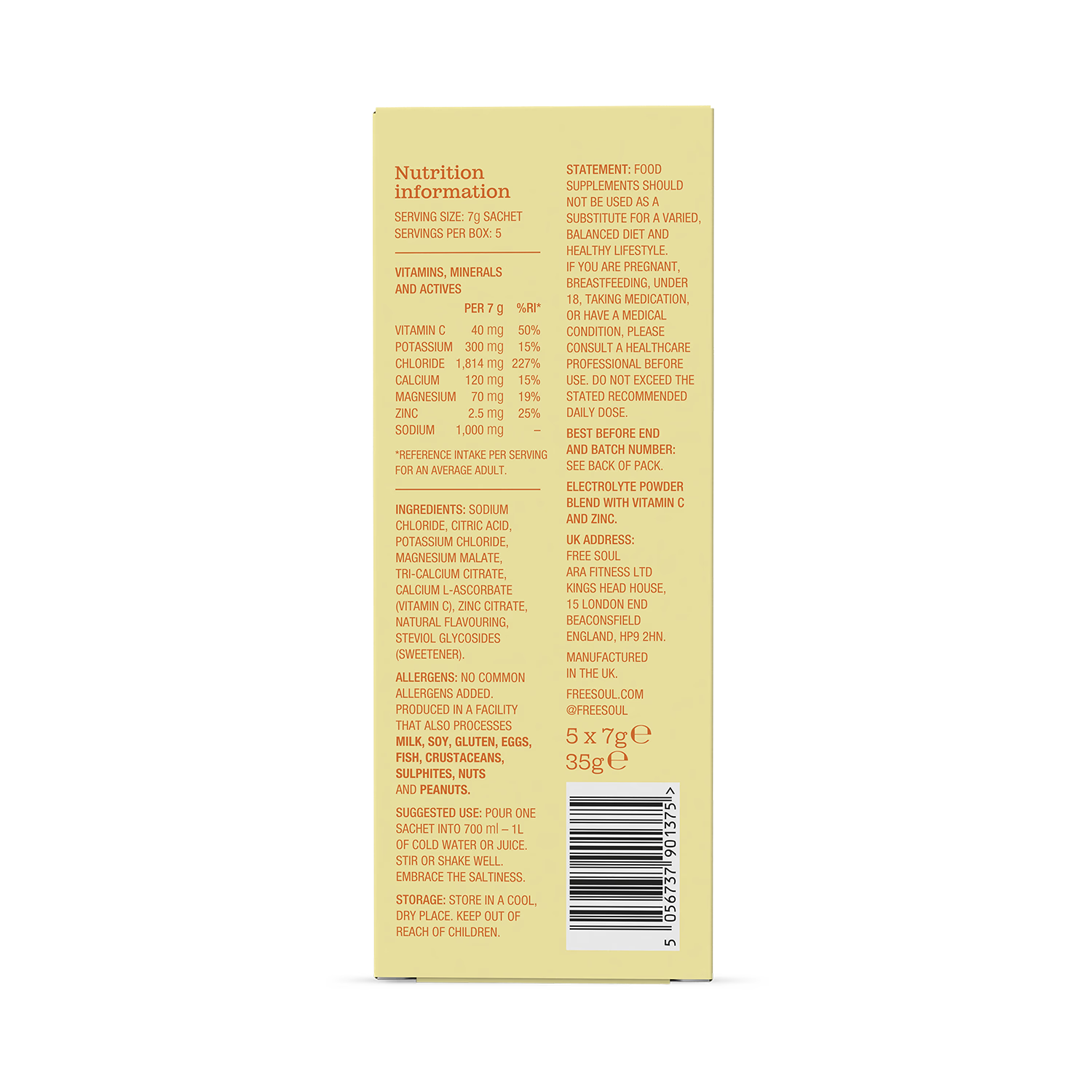 Free Soul Hydrate electrolyte sachets citrus 5 sachets, imported from the UK