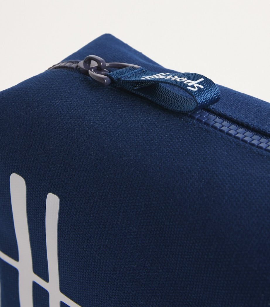 Harrods navy cotton cosmetics bag with glossy logo, UK version
