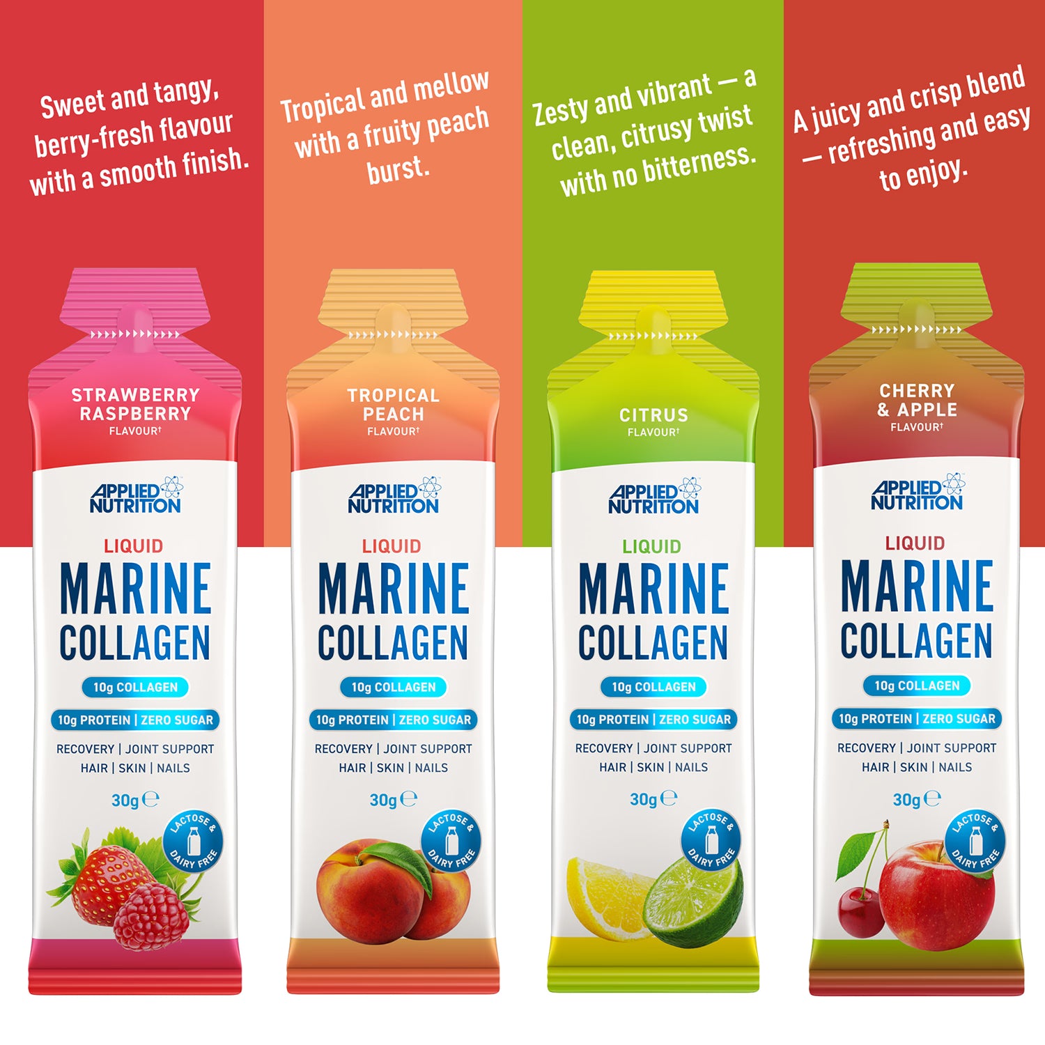 Applied Nutrition liquid marine collagen gels strawberry raspberry 10 pack, imported from the UK