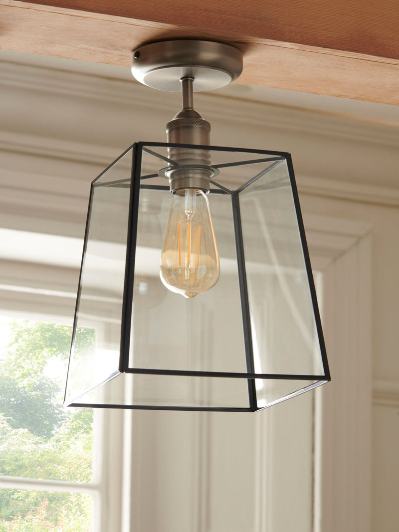 Black Warwick flush ceiling light with glass shade, imported from the UK
