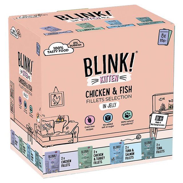 Blink! Kitten Wet Chicken &amp; Fish Premium Fillets in Jelly Multipack Pouches   8 x 85g