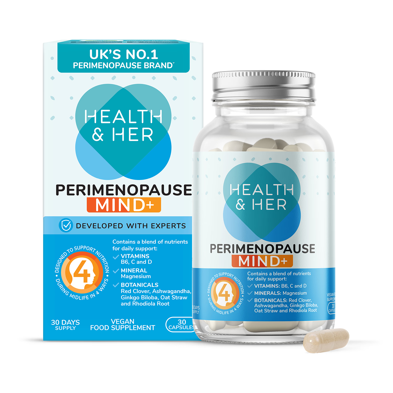 Health & Her Perimenopause Mind+ Supplement 30 Capsules, UK version