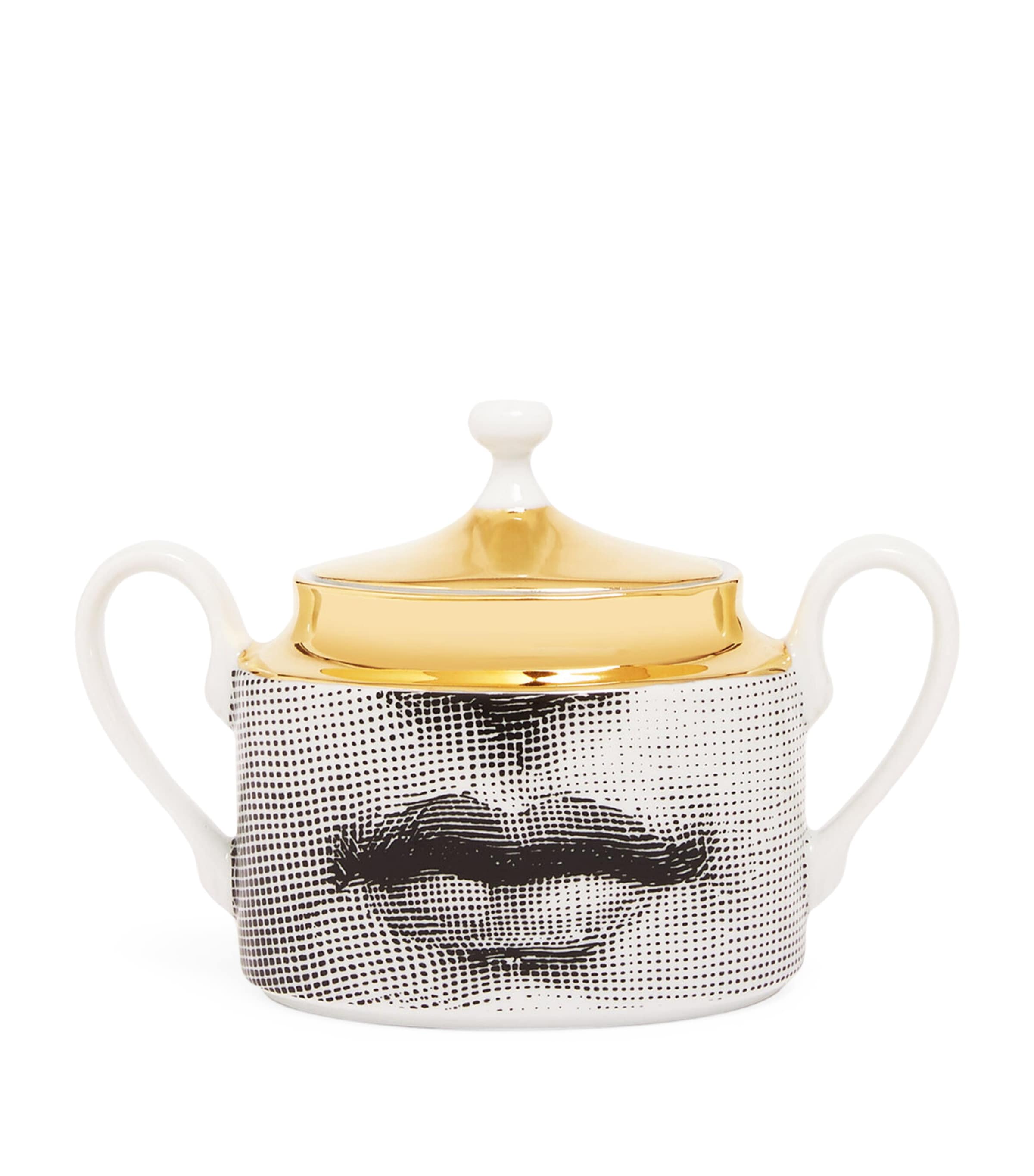Fornasetti porcelain sugar bowl with gold-tone accents, 11cm - British product