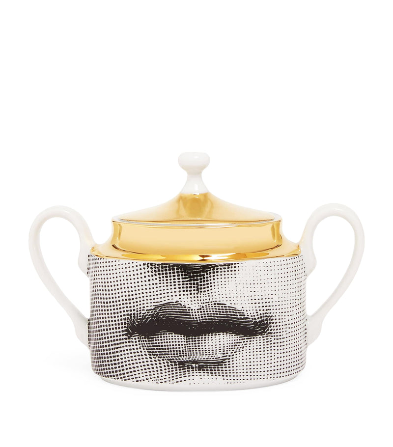 Fornasetti porcelain sugar bowl with gold-tone accents, 11cm - British product