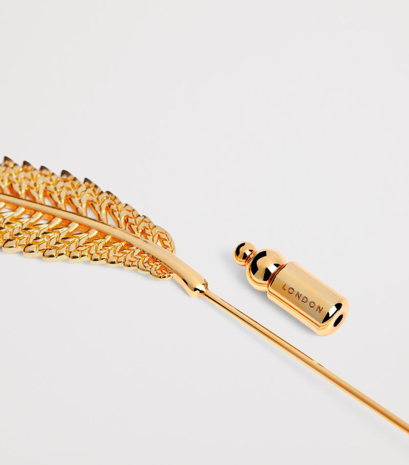 Tateossian gold-plated metal fern lapel pin, imported from the UK
