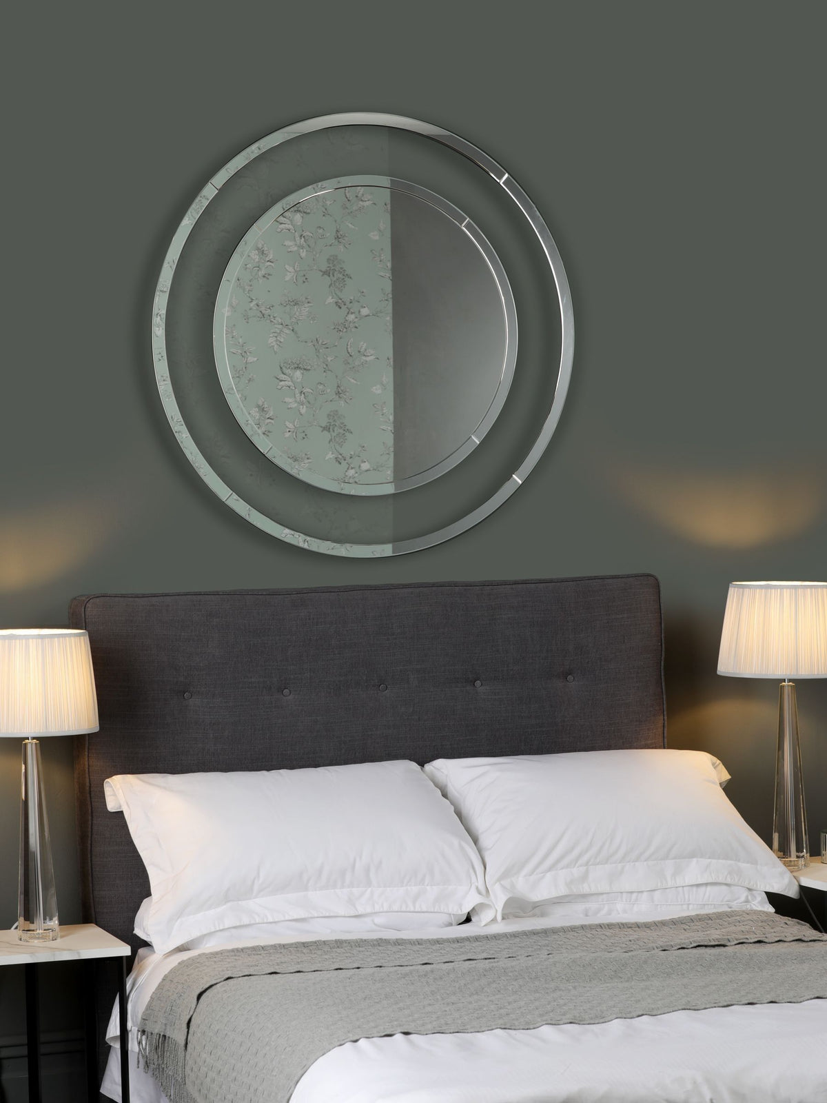 Laura Ashley Evie large round mirror with transparent glass border, UK version