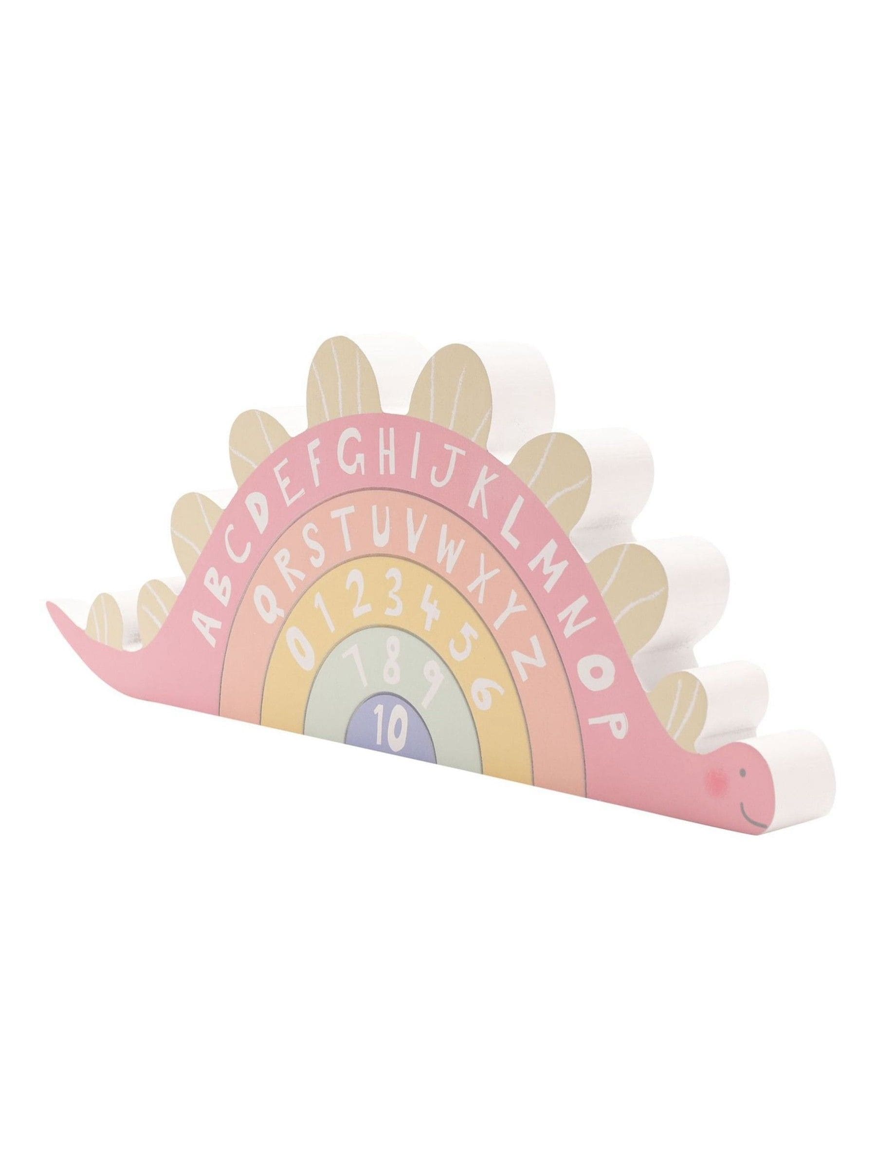 Widdop pink dinosaur plaque with alphabet and numbers, imported from the UK