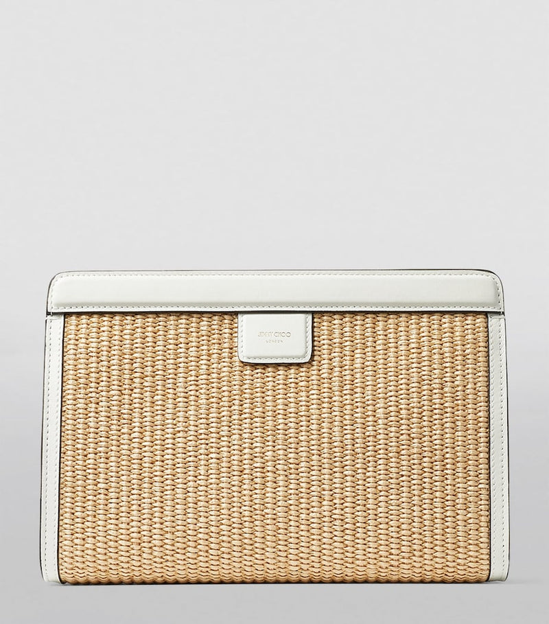 Jimmy Choo raffia leather-trim Avenue pouch, UK version